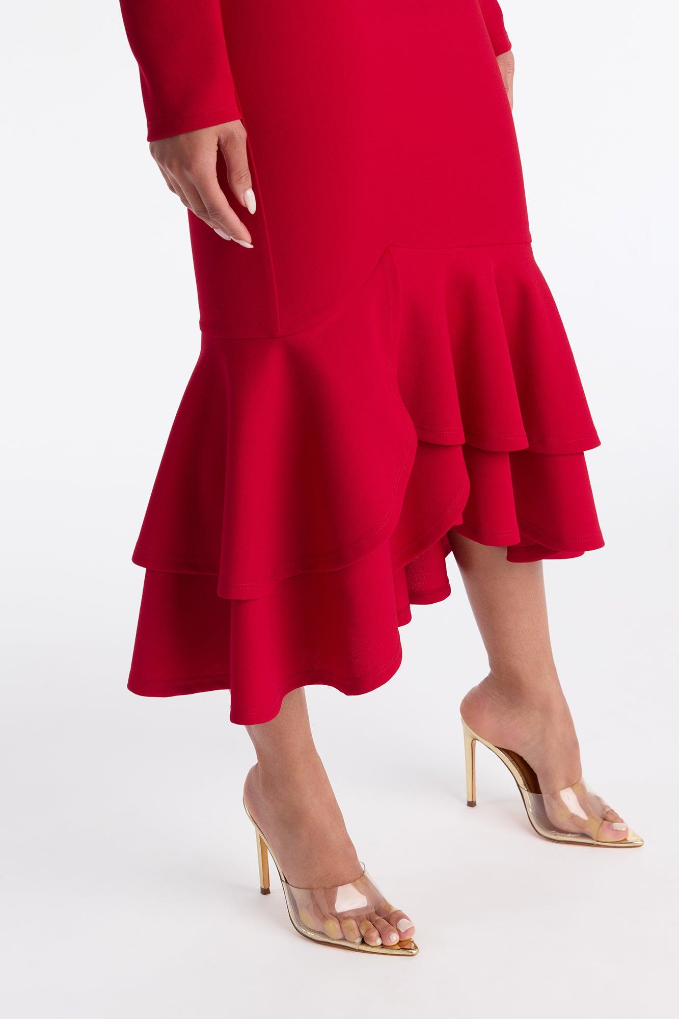 Bianca Long Sleeve Peplum Midi Dress - Red Female Product Image