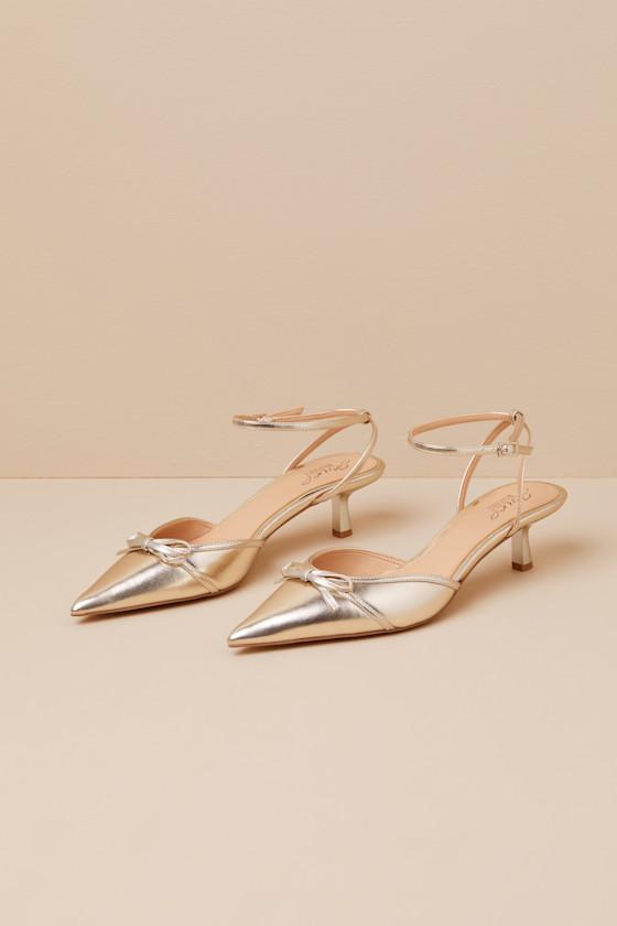 Talasia Gold Metallic Ankle Strap Kitten Heel Pumps Product Image