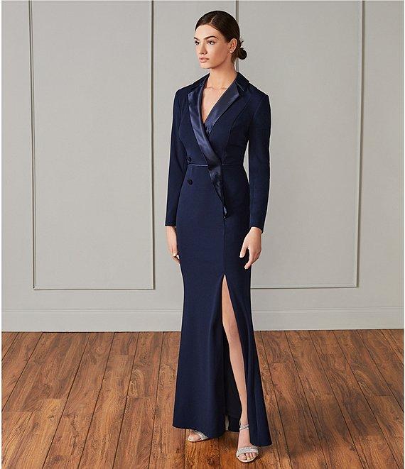 Adrianna Papell Long Sleeve Notch Lapel Surplice V-Neck Front Slit Crepe Tuxedo Wrap Gown Product Image