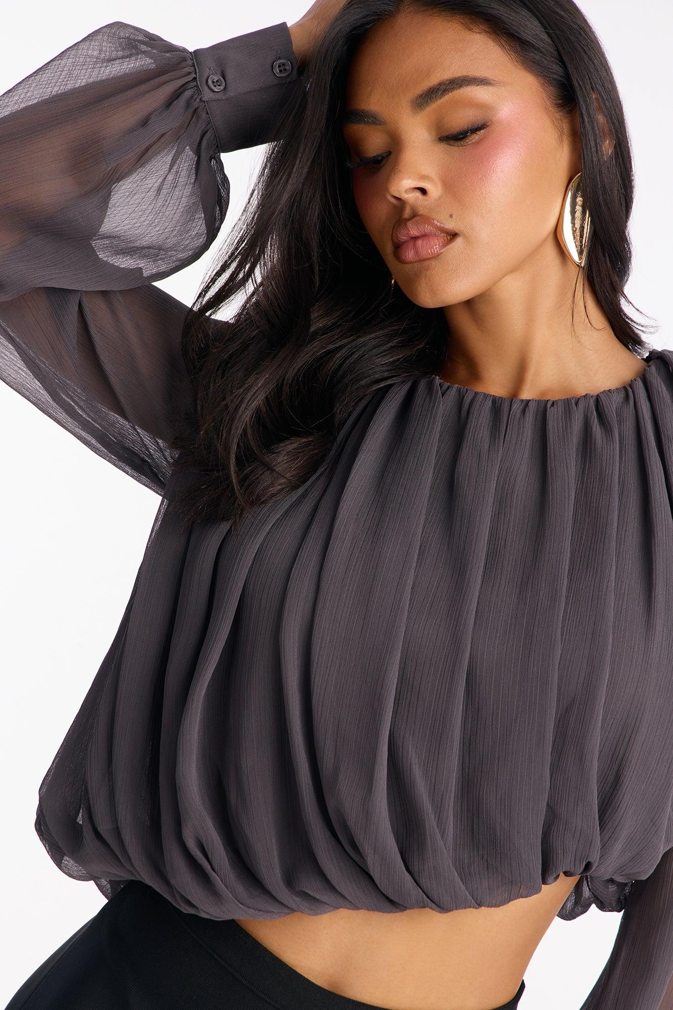 Anyah Asymmetrical Ruched Chiffon Top - Charcoal Female Product Image