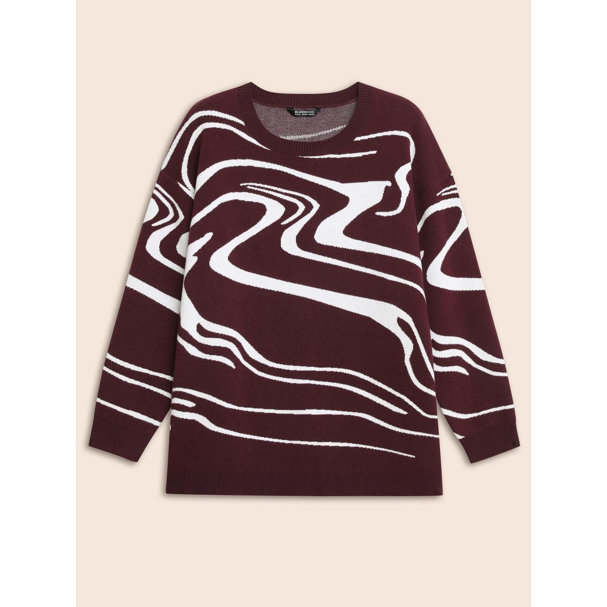 Plus Size Water Ripple Contrast Drop Shoulder Pullover DarkBrown Women Casual Loose Long Sleeve Round Neck Everyday Pullovers BloomChic 22-24/3X Product Image