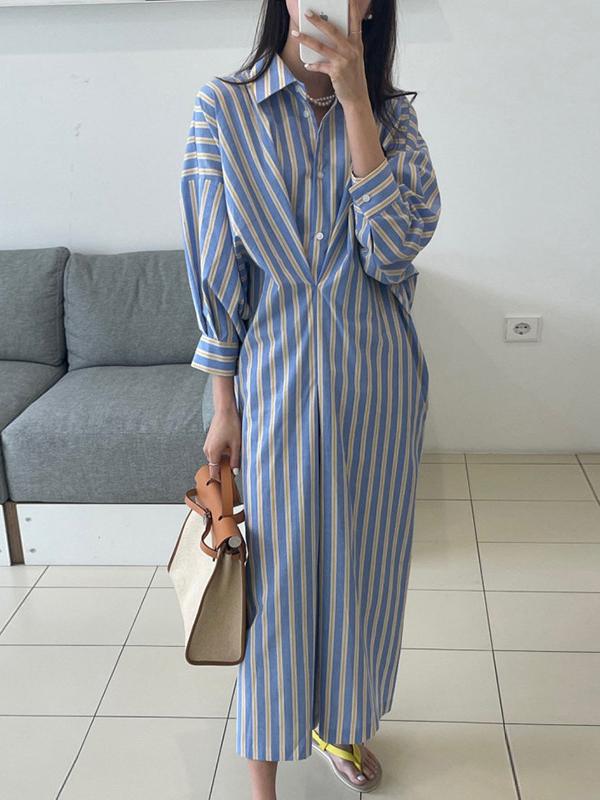 Long Sleeves Loose Buttoned Contrast Color Pockets Striped Lapel Midi Dresses Shirt Dress Product Image