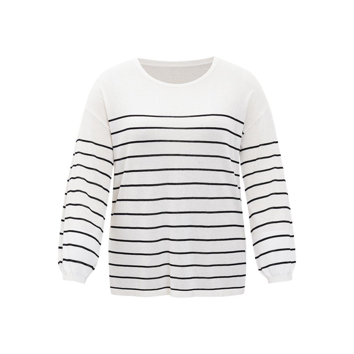 Plus Size Striped Split Side Lightweight Elastic Cuffs Pullover White Women Casual Loose Long Sleeve Round Neck Everyday Pullovers BloomChic 14-16/1X Product Image