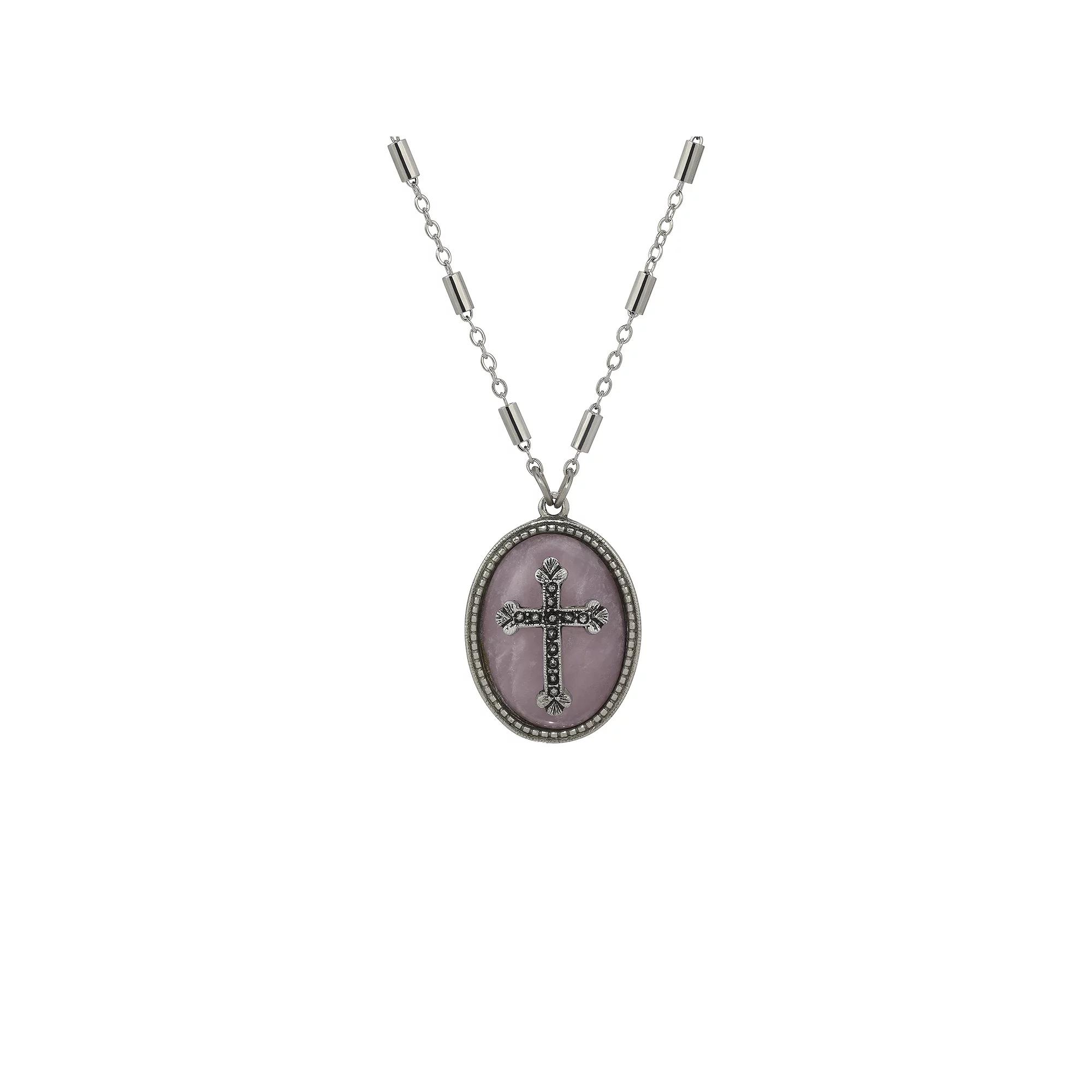 Symbols of Faith Silver Tone Stone With Pewter Cross Necklace, Womens, Pink Product Image