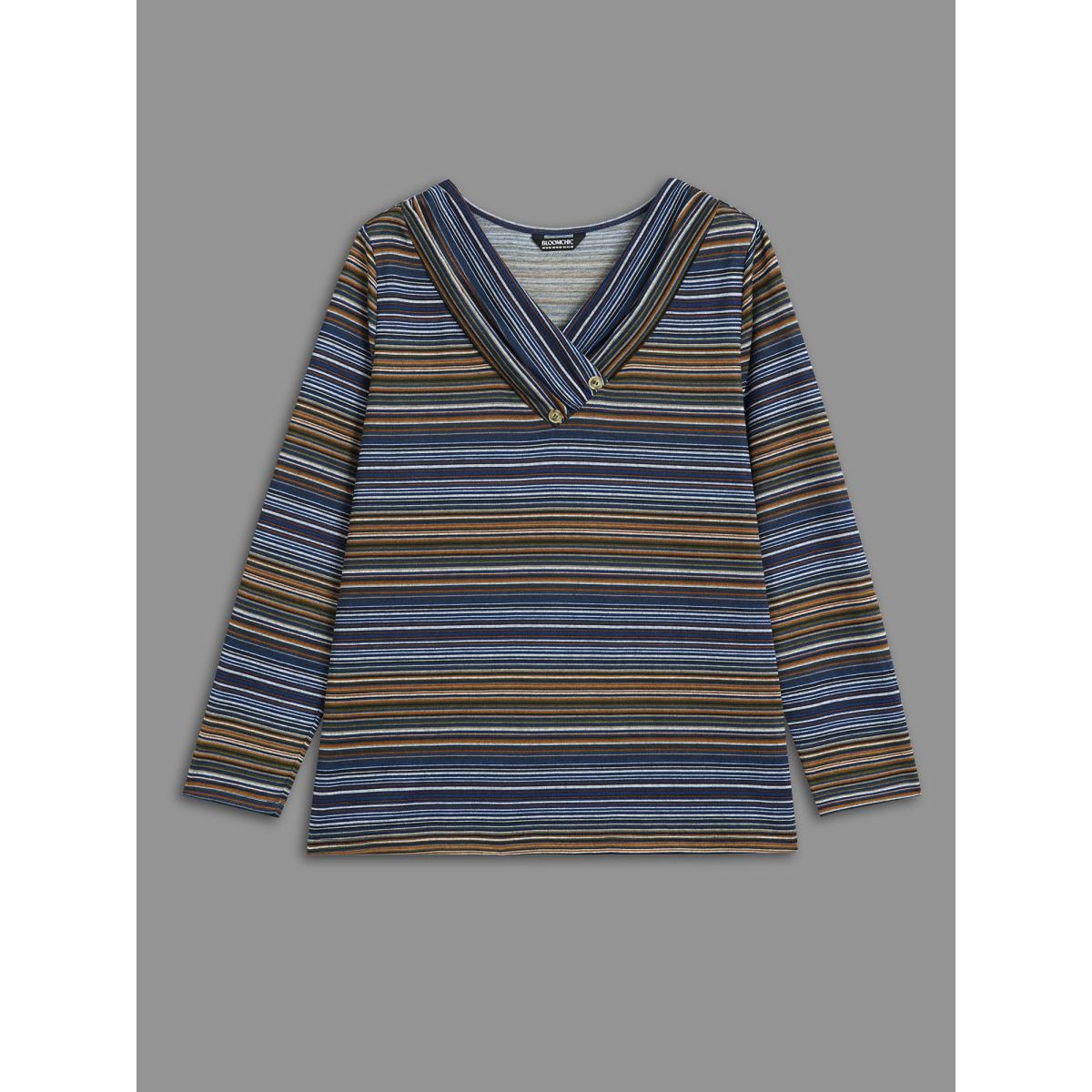 Plus Size V Neck Multi-Color Stripes Slim-Fit T-Shirt Indigo Women Casual Button Asymmetrical Neck Everyday T-shirts BloomChic 14-16/1X Product Image
