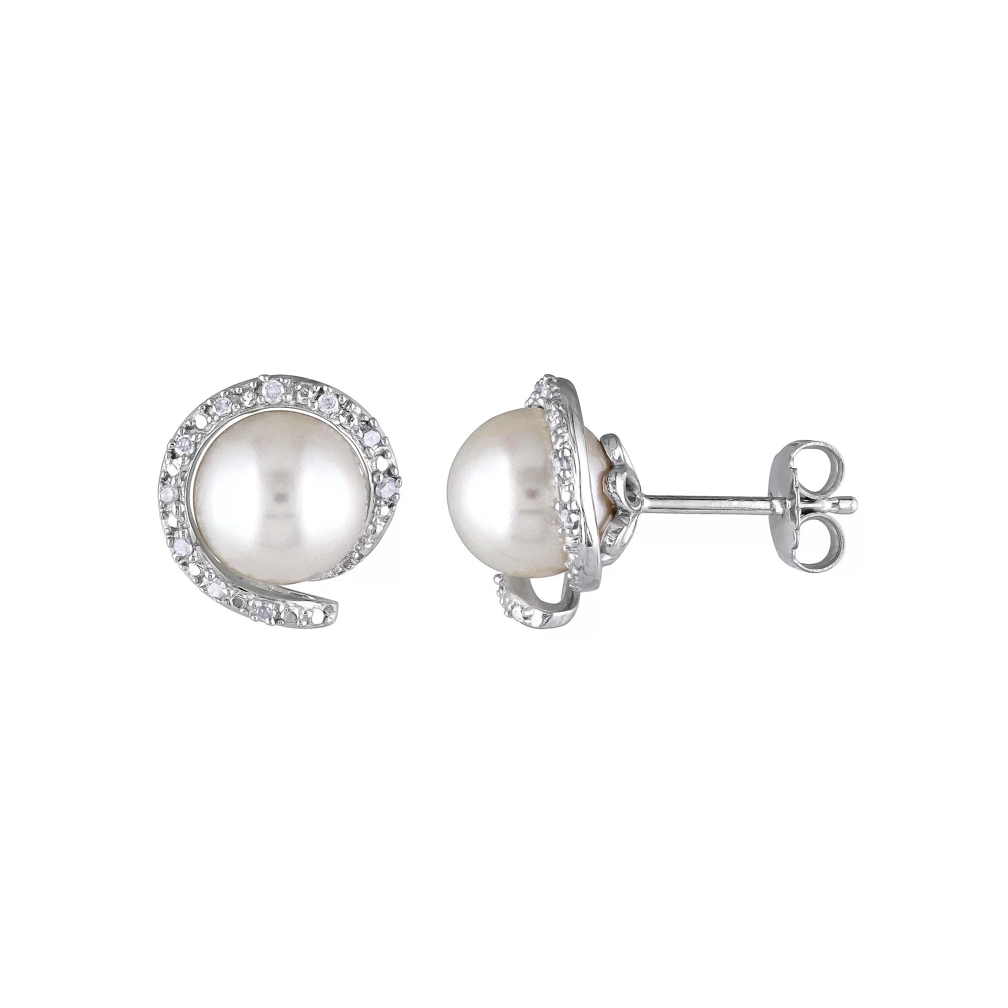 Stella Grace Freshwater Cultured Pearl & 1/10 Carat T.W Diamond Stud Earrings, Women's, Sterling Product Image