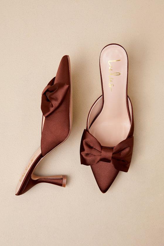 Bettanie Chocolate Satin Bow High Heel Mules Product Image