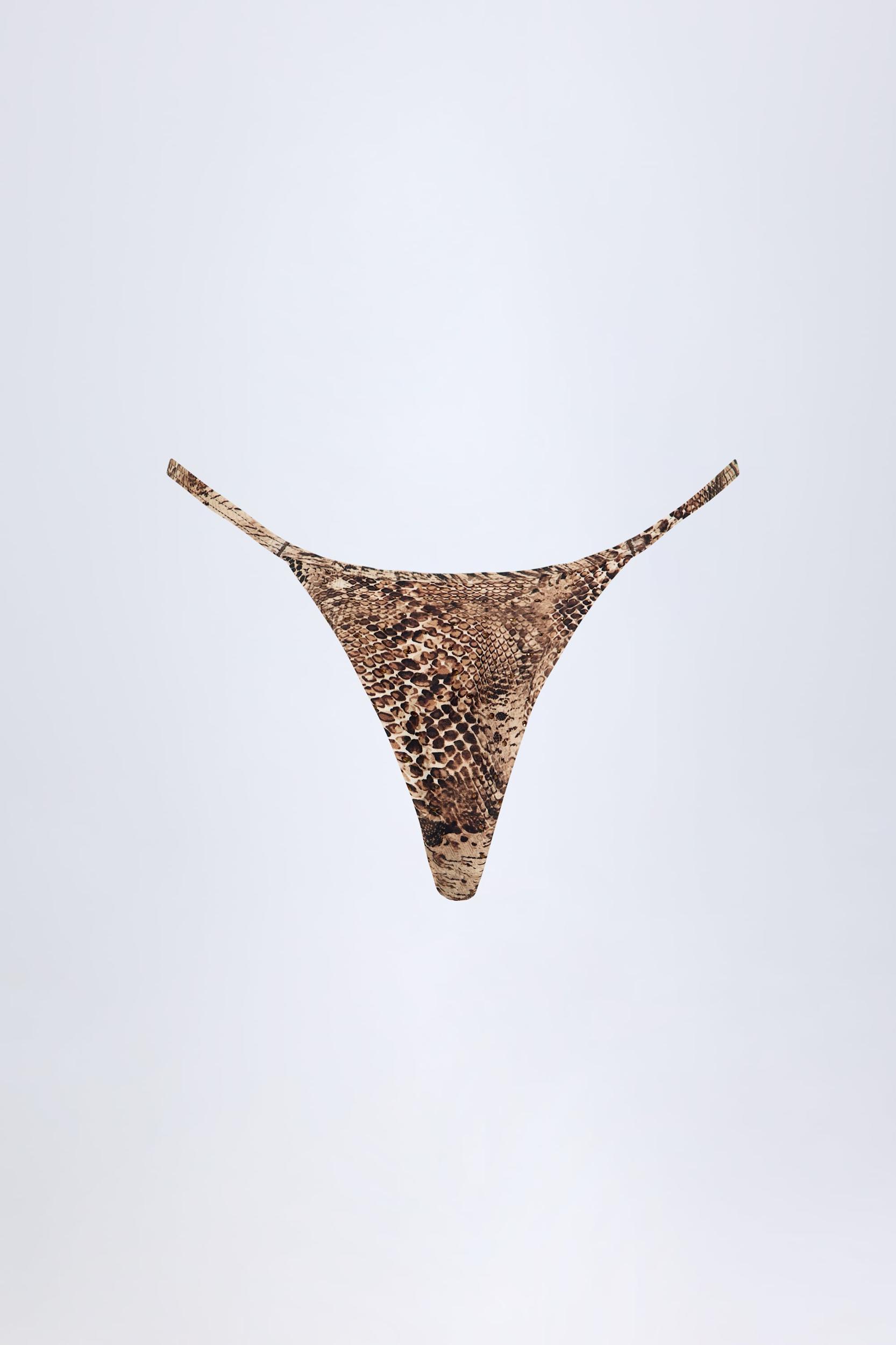 Charm-Detail Thong Bikini Bottoms in Snake Print Product Image