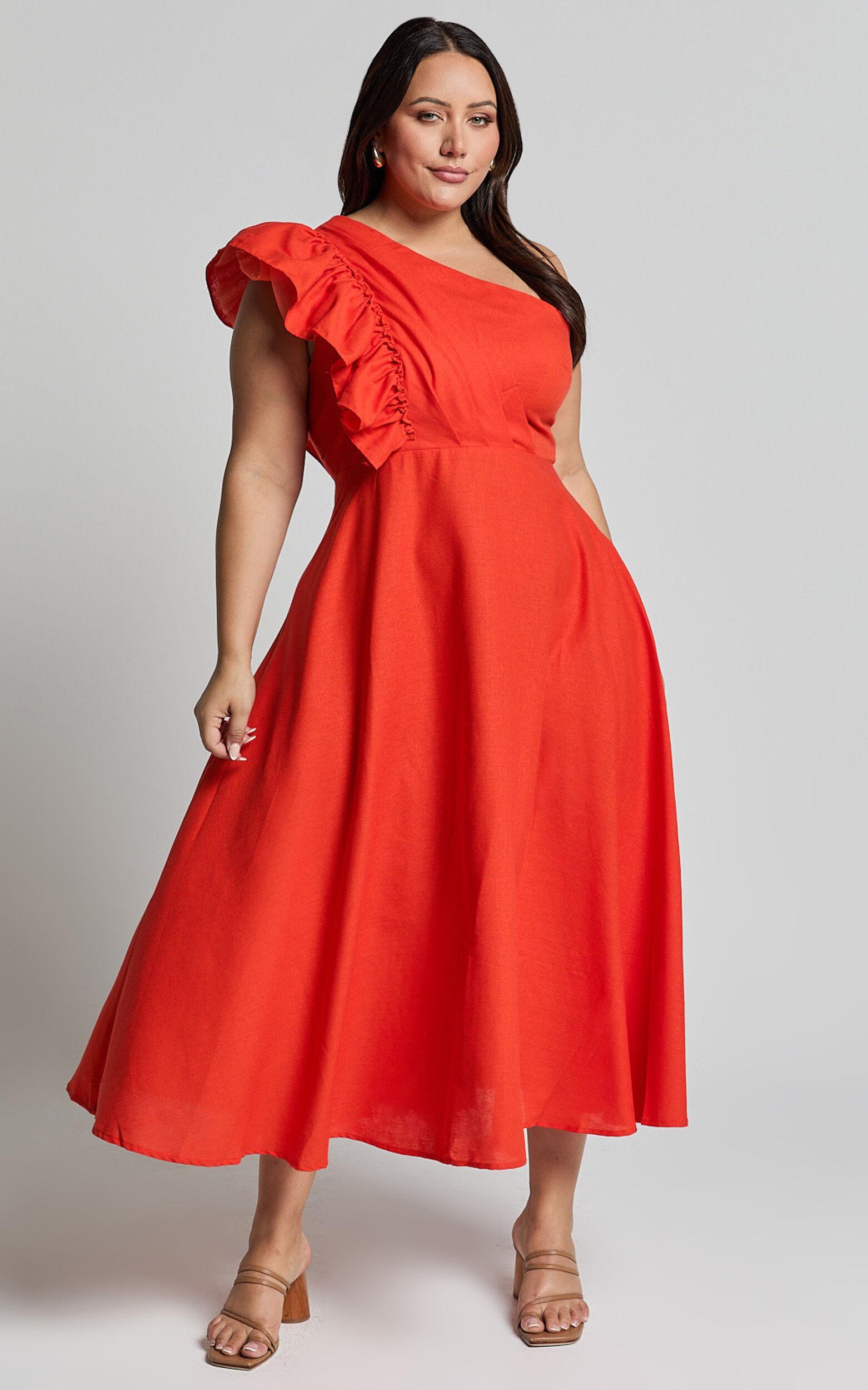 Dixie Midi Dress - Linen Look One Shoulder Ruffle Dress in Red Orange Product Image
