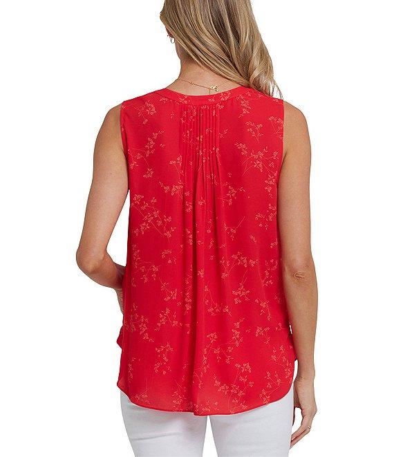NYDJ Woven Floral Print Sleeveless Inverted Pleat Mandarin Collar Pintuck Blouse Product Image