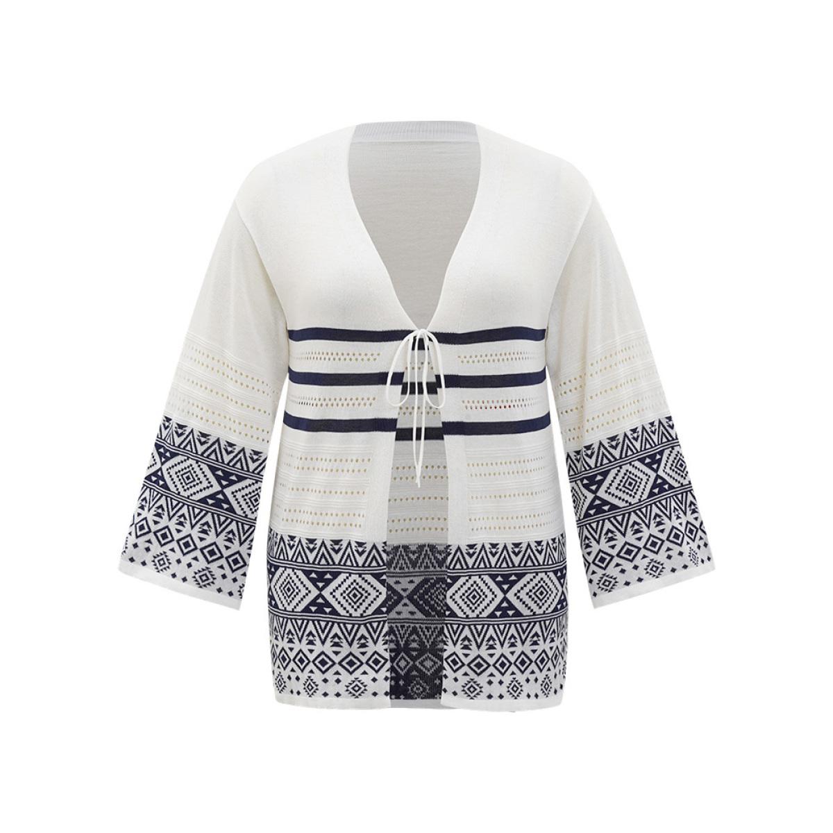 Plus Size Bandana Print Geo Eyelet Ties Front Cardigan WhiteSmoke Women Casual Loose Long Sleeve Everyday Cardigans BloomChic 18-20/2X Product Image