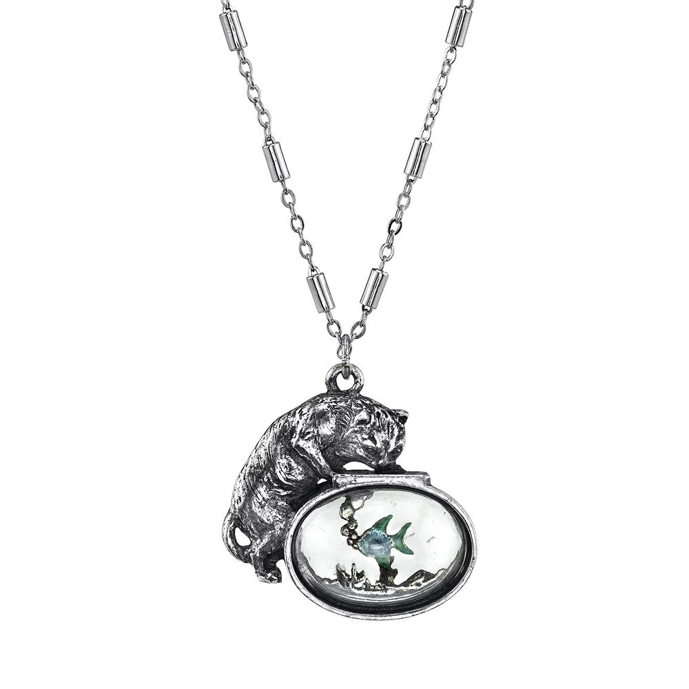 1928 Cat & Fish Pendant Necklace, Womens, Blue Product Image