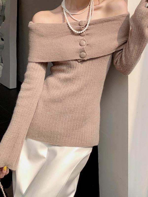 Solid Off Shoulder Slit Knit Sweater Product Image