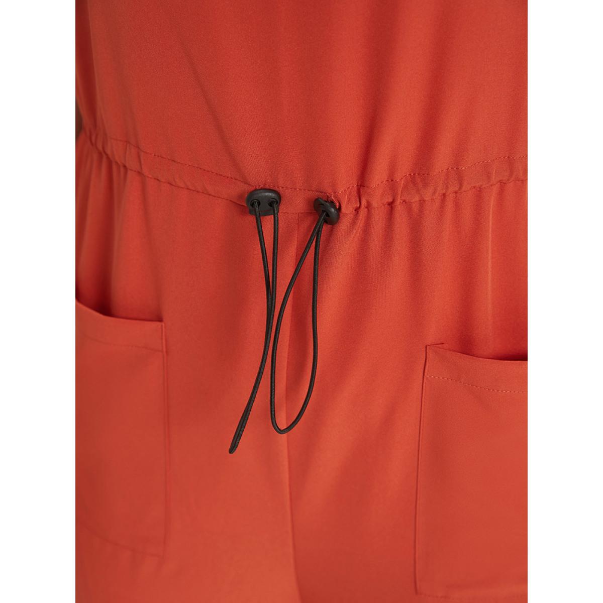 Plus Size OrangeRed Plain Button Up Pocket Roll Hem Drawstring Jumpsuit Women Elegant Sleeveless Spaghetti Strap Dailywear Loose Jumpsuits BloomChic 18-20/2X Product Image