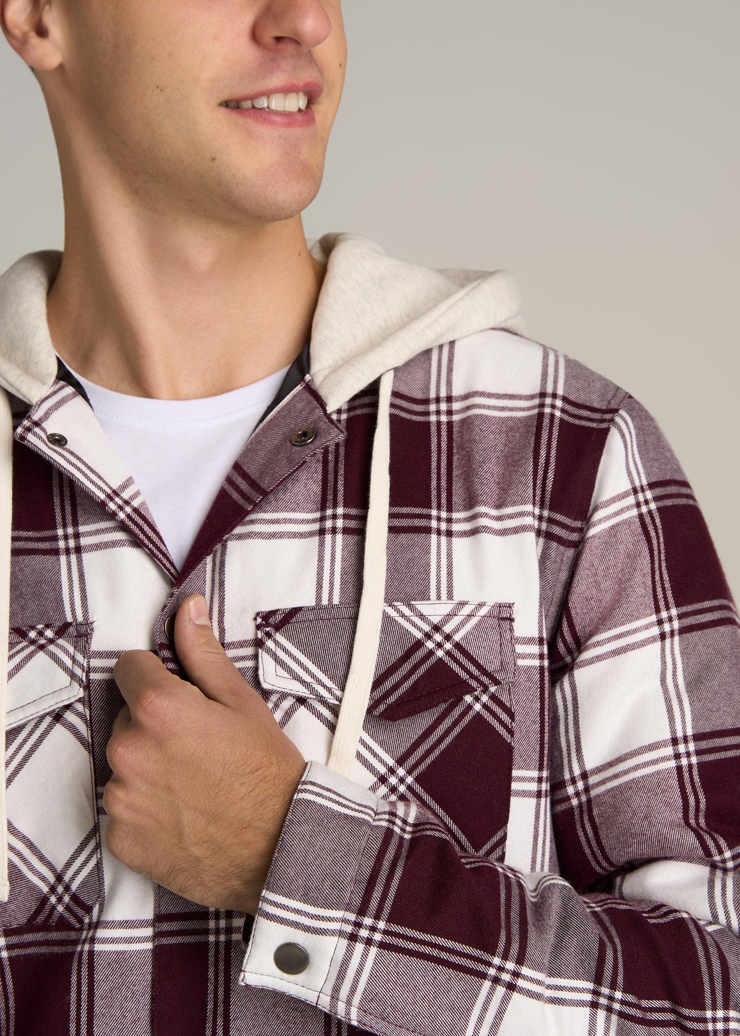Hooded Flannel Shirt Jacket for Tall Men in Maroon & White Plaid Product Image