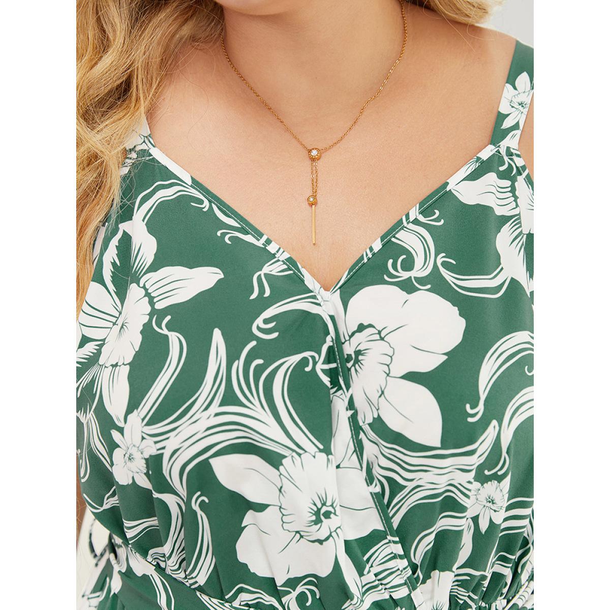 Plus Size Floral Split Flutter Hem Wrap Pocket Belted Cami Dress Green Women Elegant Adjustable Straps V-neck Sleeveless Curvy Midi Dress BloomChic 10/M Product Image