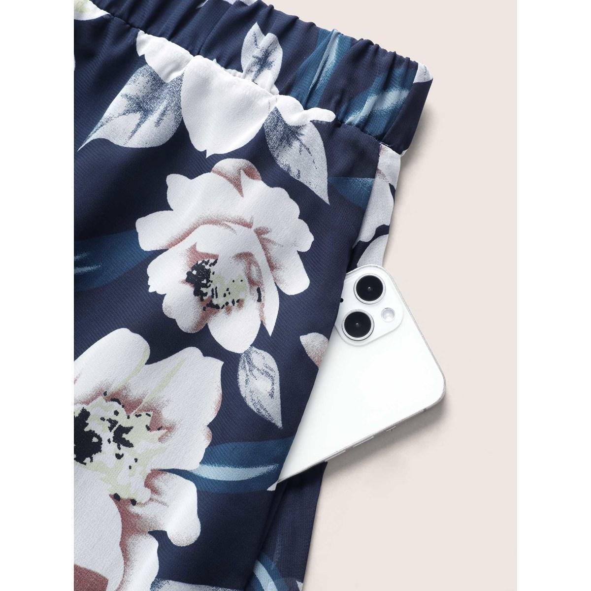 Plus Size Chiffon Mesh Floral Elastic Waist Skirt Women Navy Elegant See through No stretch Side seam pocket Everyday Skirts BloomChic 18-20/2X Product Image