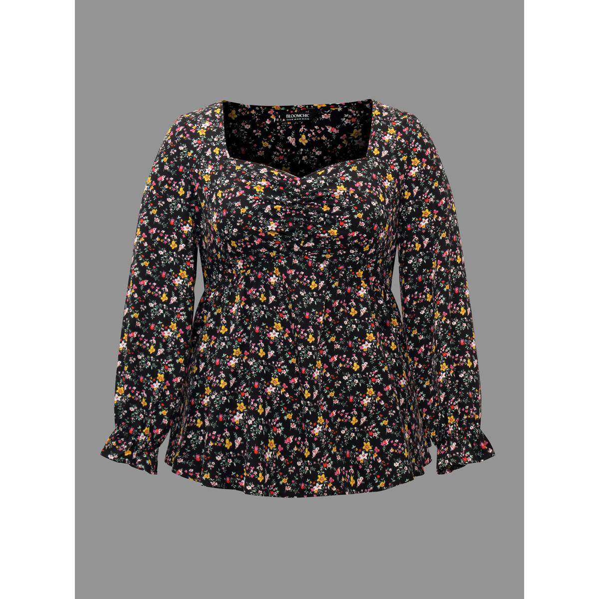 Plus Size Black Ditsy Floral Heart Neckline Gathered Blouse Women Elegant Long Sleeve Heart neckline Everyday Blouses BloomChic 28/5X Product Image