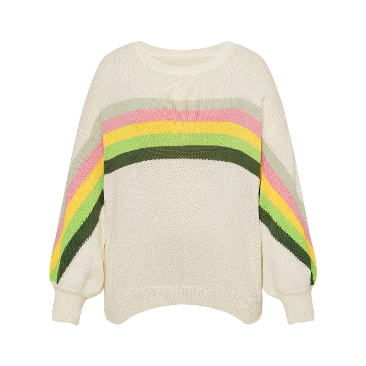 Plus Size Rainbow Lantern Sleeve Drop Shoulder Elastic Cuffs Pullover Beige Women Casual Loose Long Sleeve Round Neck Dailywear Pullovers BloomChic 28/5X Product Image