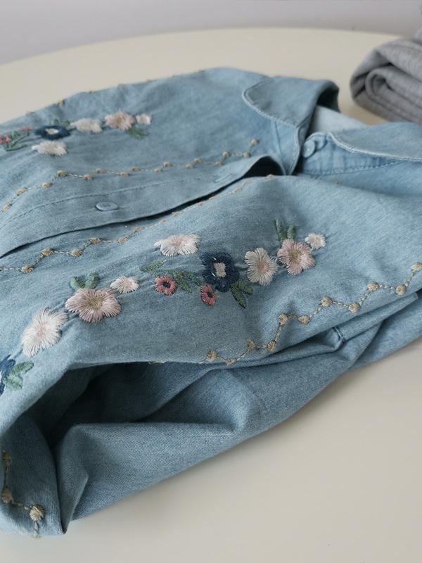 Flower Embroidery Wash Denim Blouses&Shirts Product Image