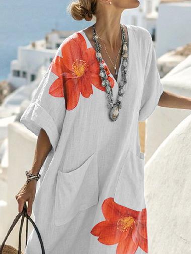 Half Sleeves Loose Flower Print V-Neck Midi Dresses Product Image