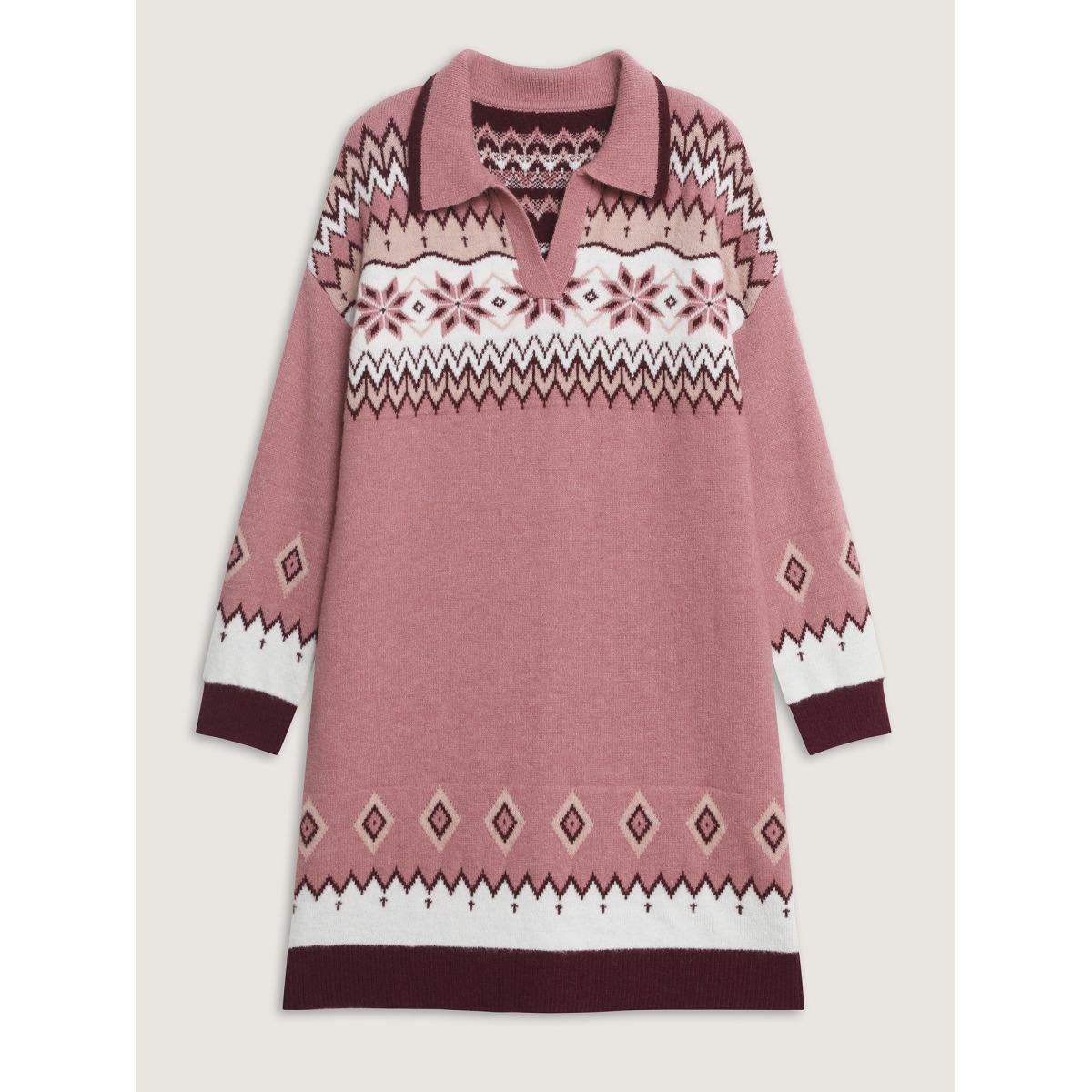 Plus Size Boho Pattern Jacquard Contrast Sweater Dress Beanpastepowder Women Leisure Loose Long Sleeve Casual Sweater Dresses BloomChic 10/M Product Image