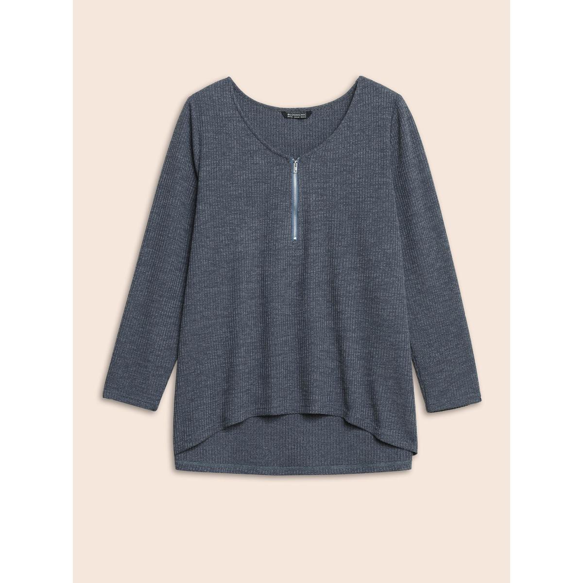 Plus Size Rib Knit Half Zip High Low Hem T-shirt Navy Women Casual Texture V-neck Everyday T-shirts BloomChic 28/5X Product Image