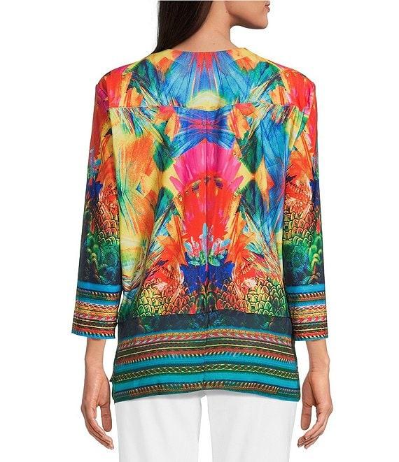 Ali Miles Knit Abstract Floral 3/4 Sleeve Open-Front Cardigan Product Image