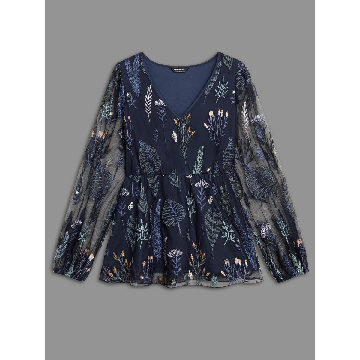 Plus Size Indigo Enchanted Forest Embroidered Elastic Waist Blouse Women Elegant Long Sleeve V-neck Everyday Blouses BloomChic 18-20/2X Product Image