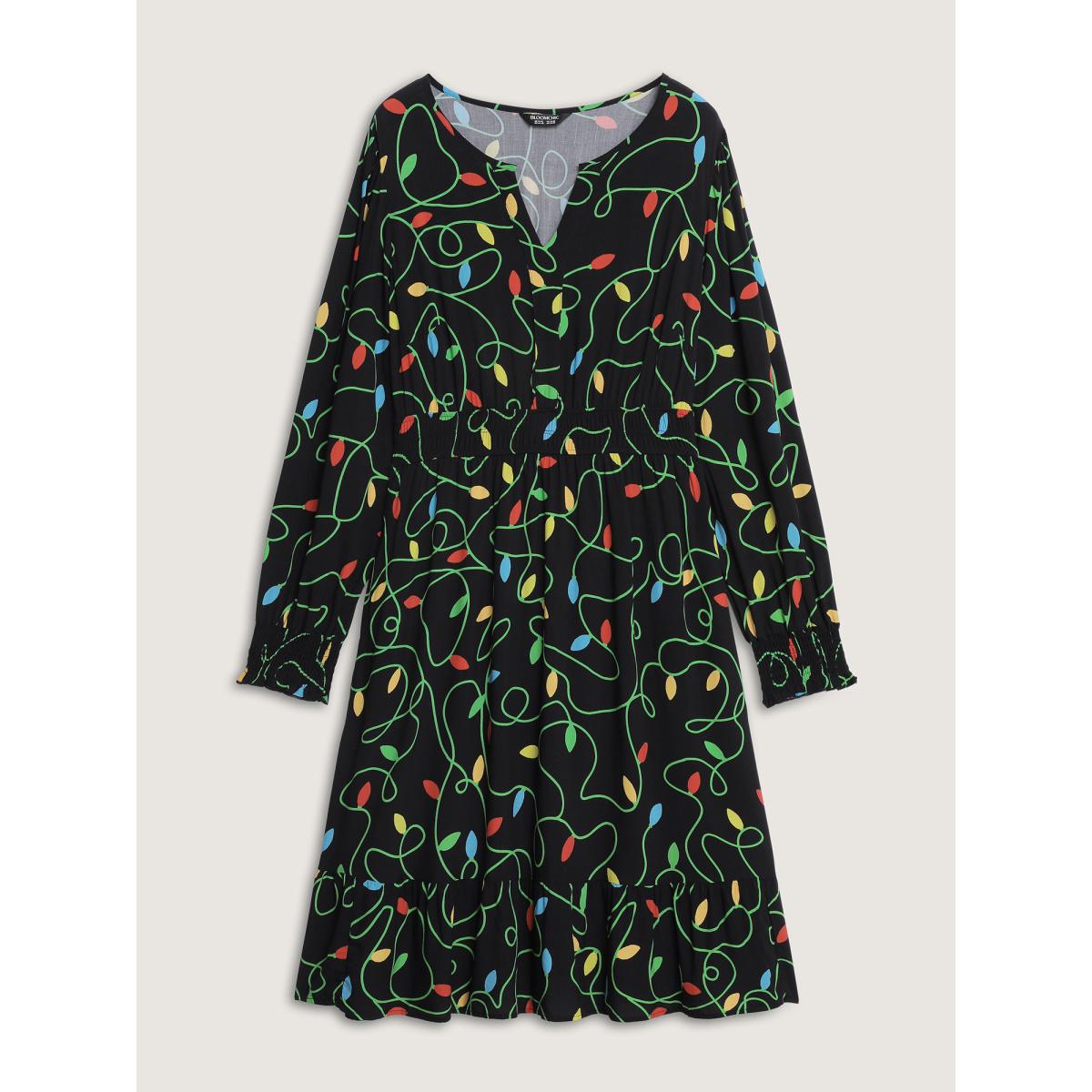 Plus Size Holiday Lights Triple Elastic Waistband Midi Dress Black Women Timeless Flat collar with V-notch Long Sleeve Curvy BloomChic 28/5X Product Image