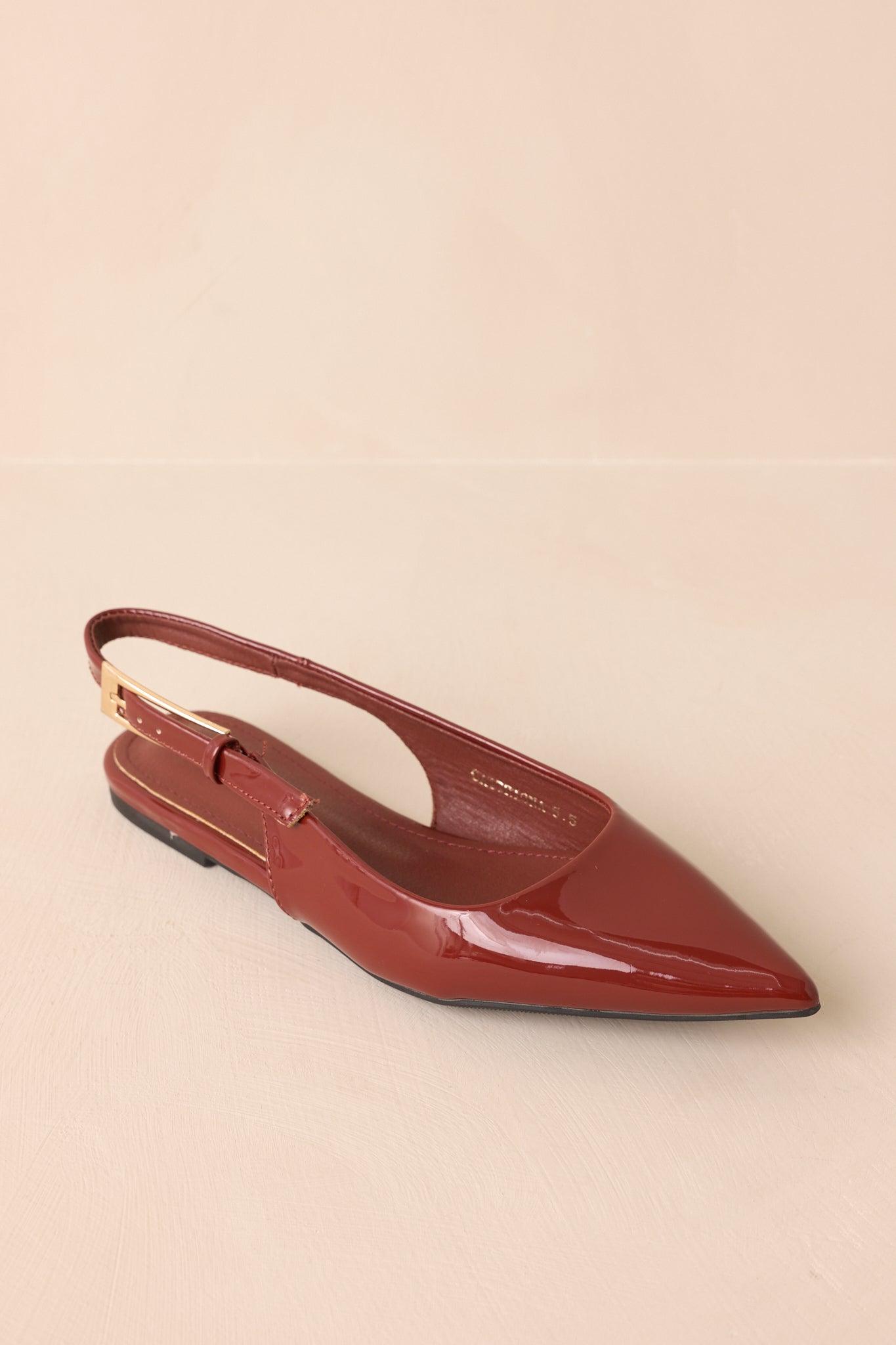 Take Notes Copper Brown Patent Faux Leather Pointed Toe Slingback Flats Product Image