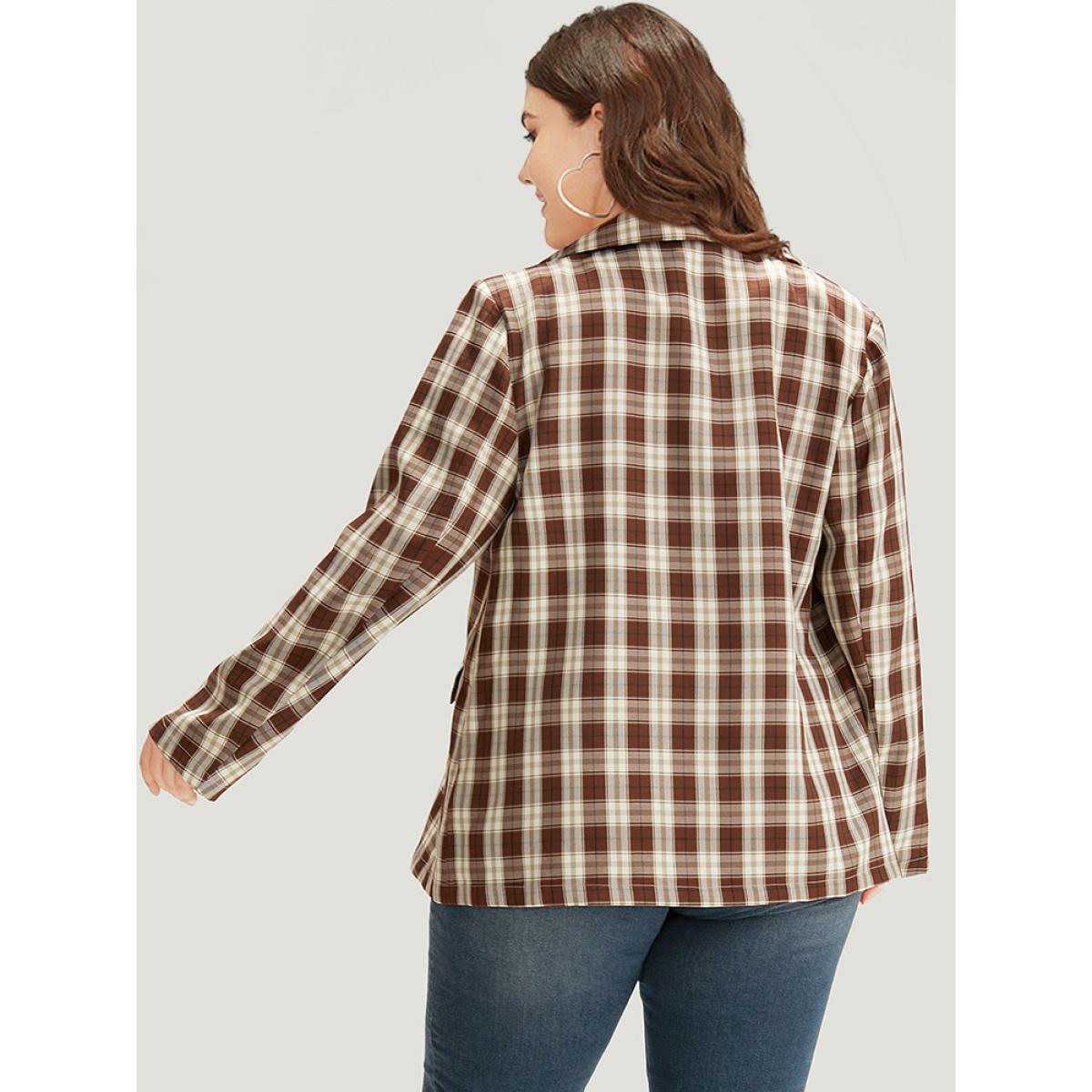 Plus Size Plaid Button Through Flap Pocket Blazer Bronze Women Dailywear Plaid Button Sleeve Long Sleeve Suit Collar 12/L Pocket Casual Blazers BloomChic Product Image