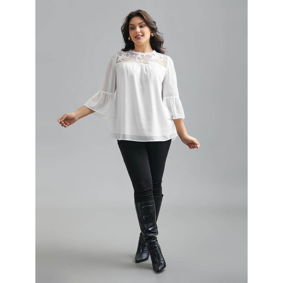 Plus Size Opticwhite Dreamy Lace Neck Flared Sleeve Chiffon Blouse Women Elegant Elbow-length sleeve Stand-up collar Everyday Blouses BloomChic 30/6X Product Image