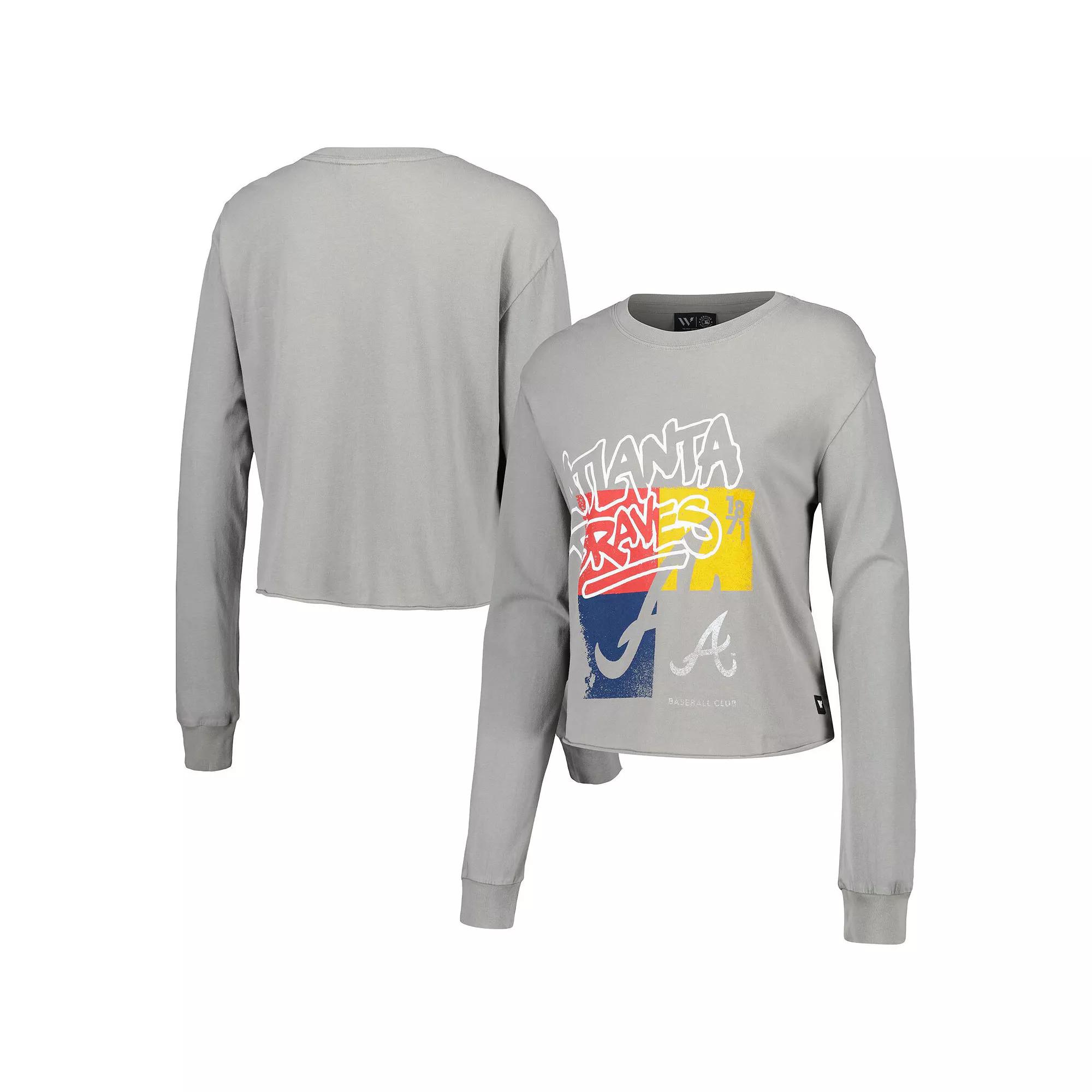 Women's The Wild Collective Gray Atlanta Braves Cropped Long Sleeve T-Shirt,  Product Image