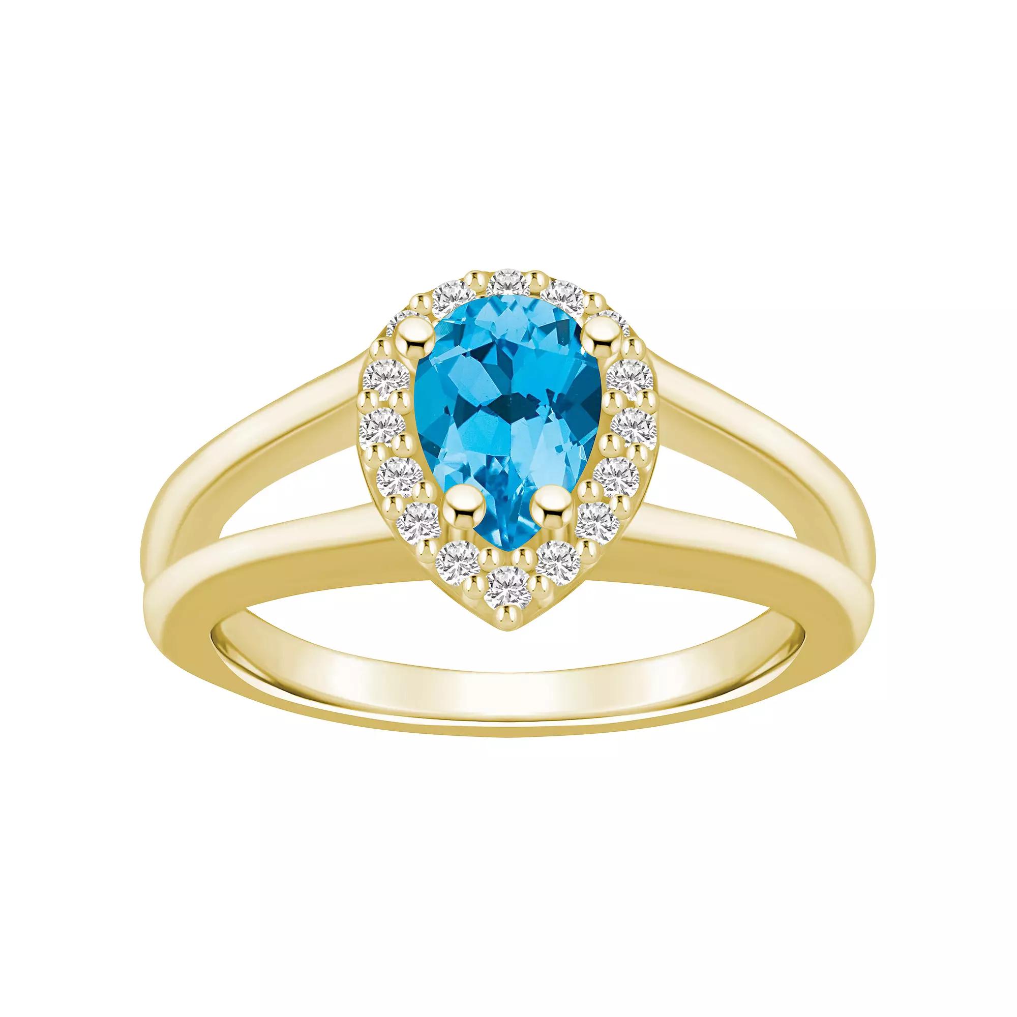 Alyson Layne 10k Gold Pear Shape Gemstone 1/6 Carat T.W. Diamond Halo Ring, Women's, Size: 5, Blue Topaz Product Image