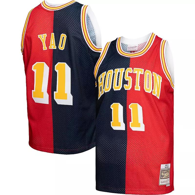 Men's Mitchell & Ness Yao Ming Navy/Red Houston Rockets Hardwood Classics 2004-05 Split Swingman Jersey, Size: 2XL, Blue Product Image