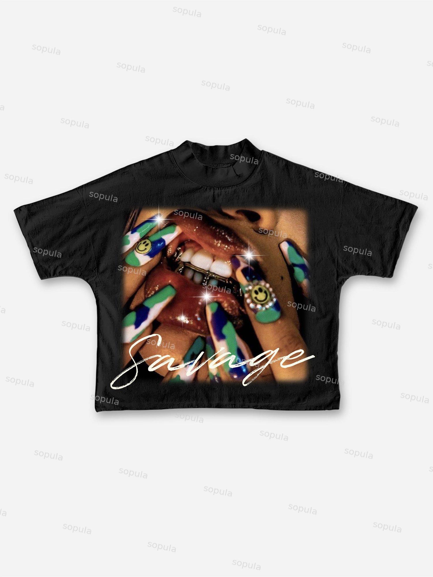 Sopula Savage Street Lips Nail Art Teeth Y2k Graphic Cropped T-shirt Product Image