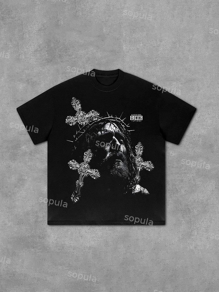 Retro Jesus Cross Graphic Print Cotton T-Shirt Product Image