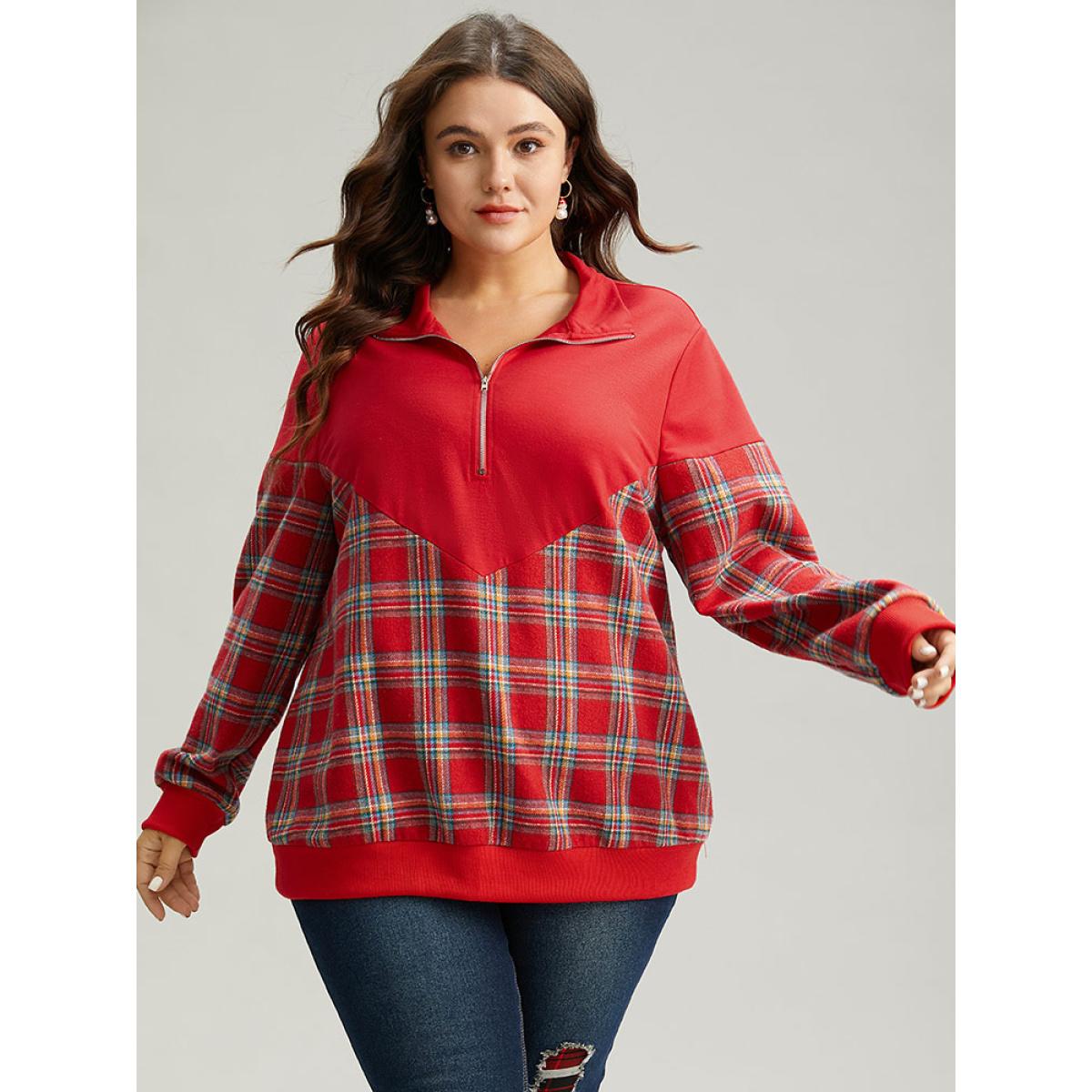 Plus Size Plaid Patchwork Zipper Lapel Collar Sweatshirt Women Red Casual Elastic cuffs Lapel Collar Festival-Christmas Sweatshirts BloomChic 14-16/1X Product Image