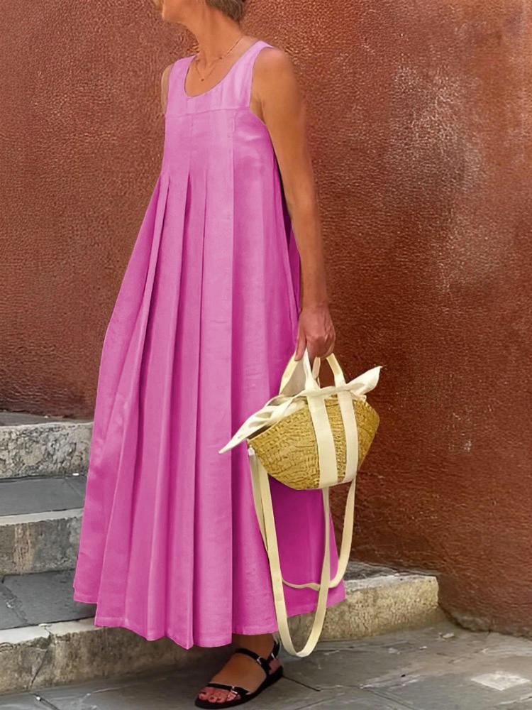 Loose Sleeveless Pleated Solid Color Round-Neck Maxi Dresses Product Image