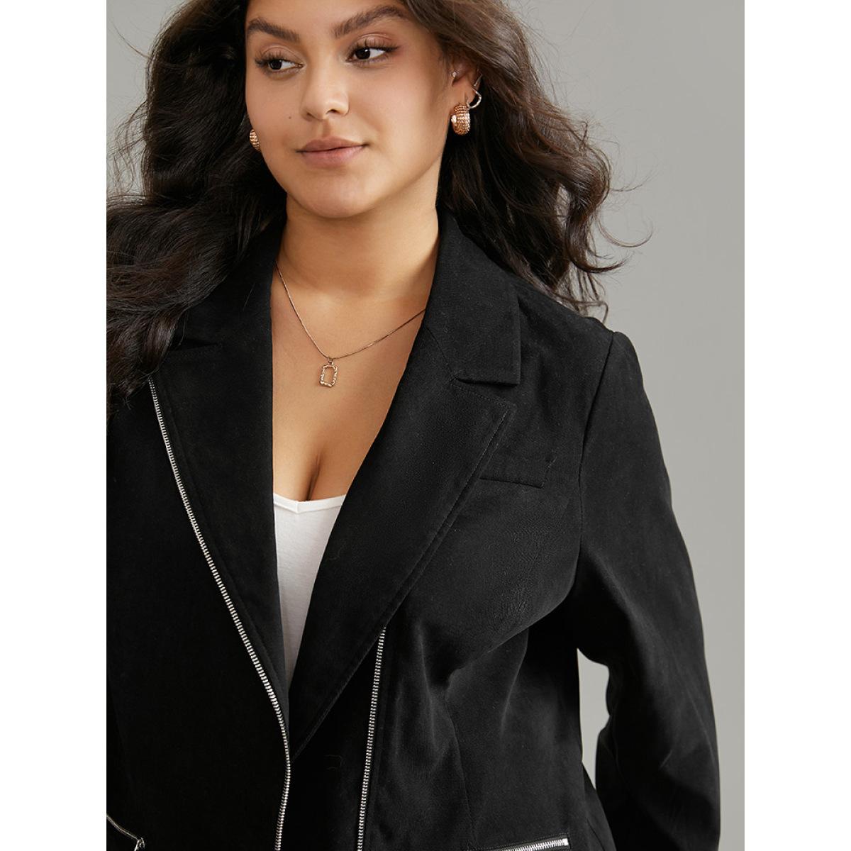 Plus Size Solid Corduroy Zipper Lapel Collar Blazer Black Women Office Plain Lined Sleeve Long Sleeve Lapel Collar 26/4X Pocket At the Office Blazers BloomChic Product Image