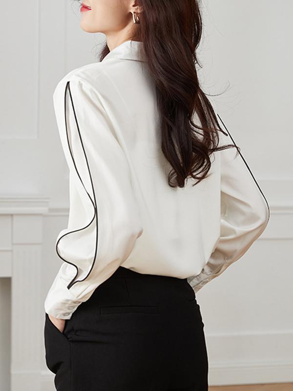 Long Sleeves Loose Buttoned Contrast Color Lapel Blouses&Shirts Tops Product Image