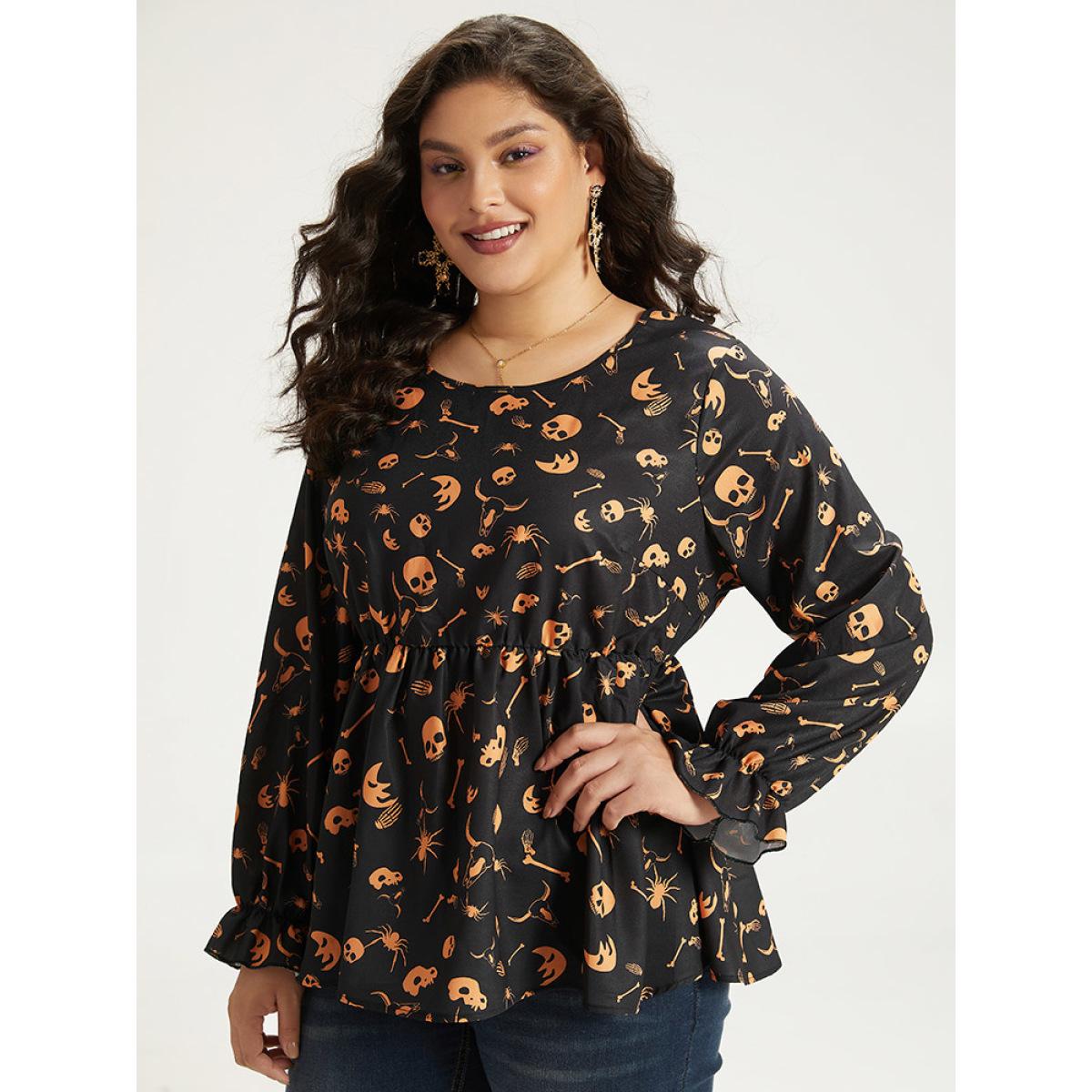 Plus Size Black Halloween Print Elastic Waist Crew Neck Lantern Sleeve Blouse Women Elegant Long Sleeve Round Neck Festival-Halloween Blouses BloomChic 10/M Product Image