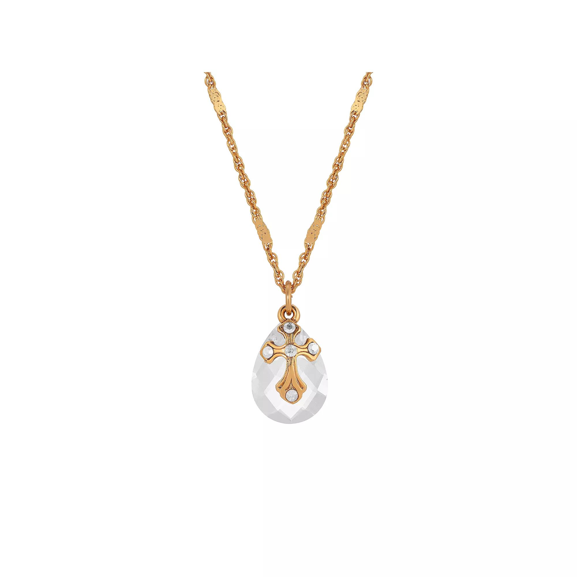 Symbols Of Faith Gold Tone Crystal Oval Drop Cross Necklace, Womens, White Product Image