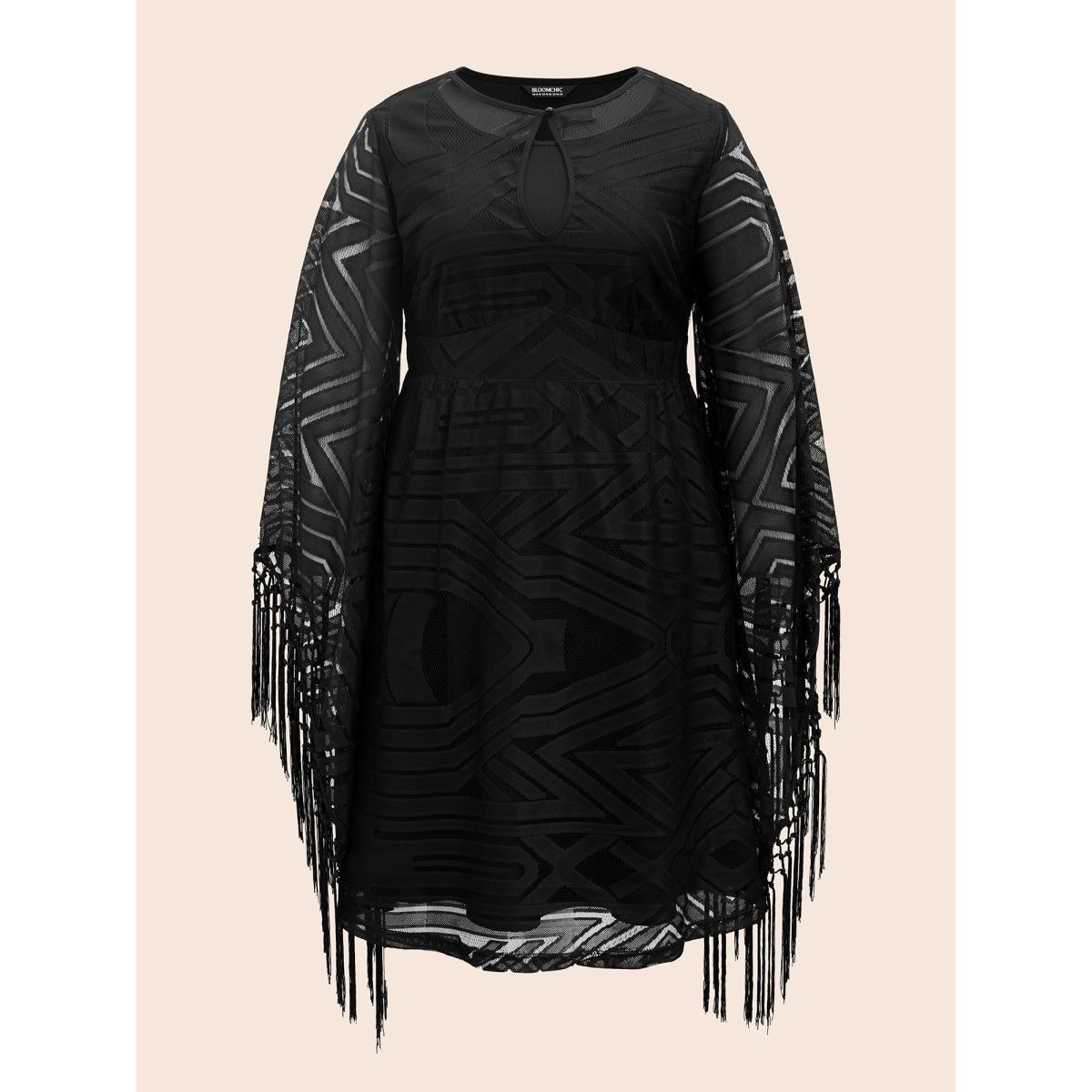 Plus Size Stretch Fabric Bell Sleeves Midi Dress Black Women Cocktail Texture Party Curvy Bloomchic 28/5X Product Image