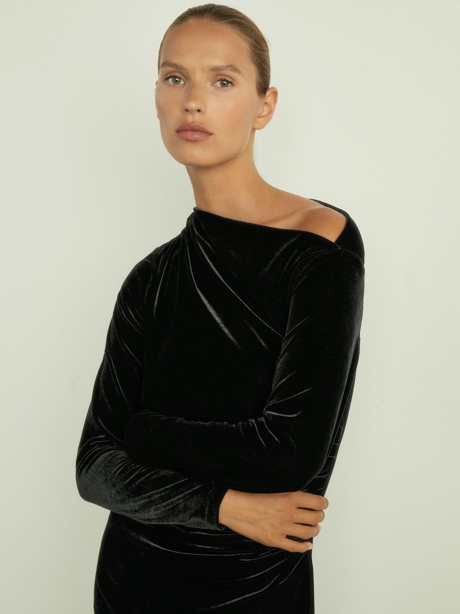Off-the-Shoulder Velvet Dress in Black Product Image
