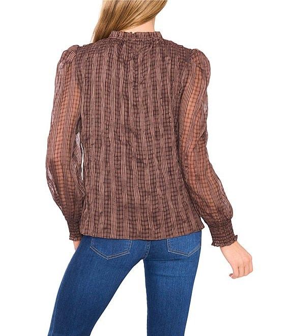 CeCe Woven Round Neck Smocked Cuff Ruffle Trim Blouse Product Image