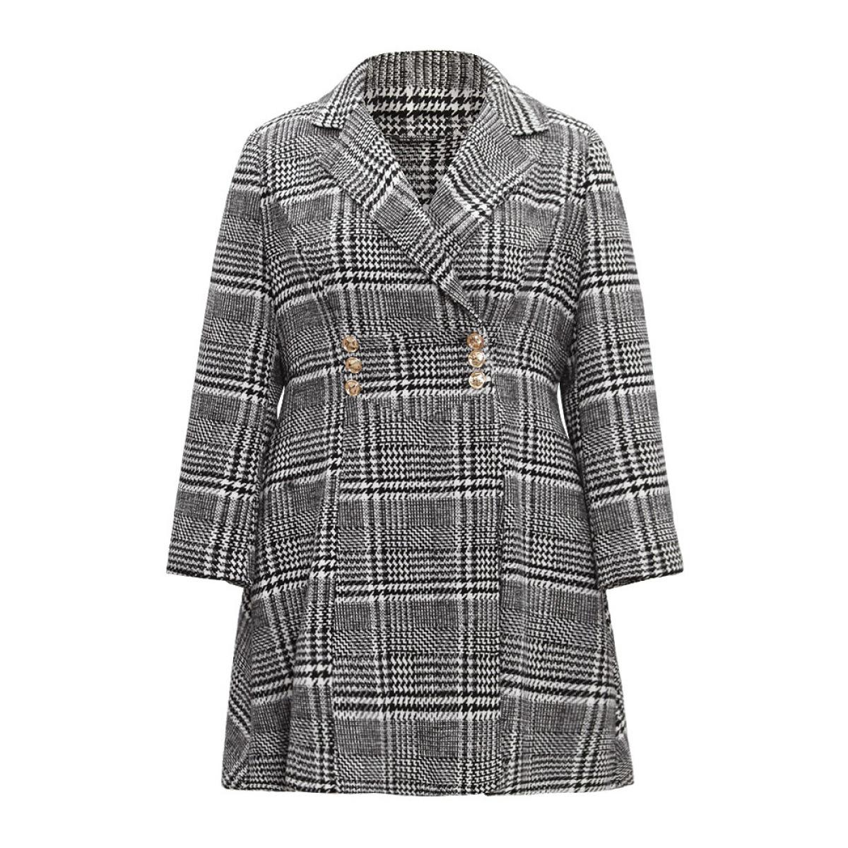 Plus Size Houndstooth Textured Double Breasted Pocket Coat Women Black Casual Texture Ladies Dailywear Winter Coats BloomChic 22-24/3X Product Image