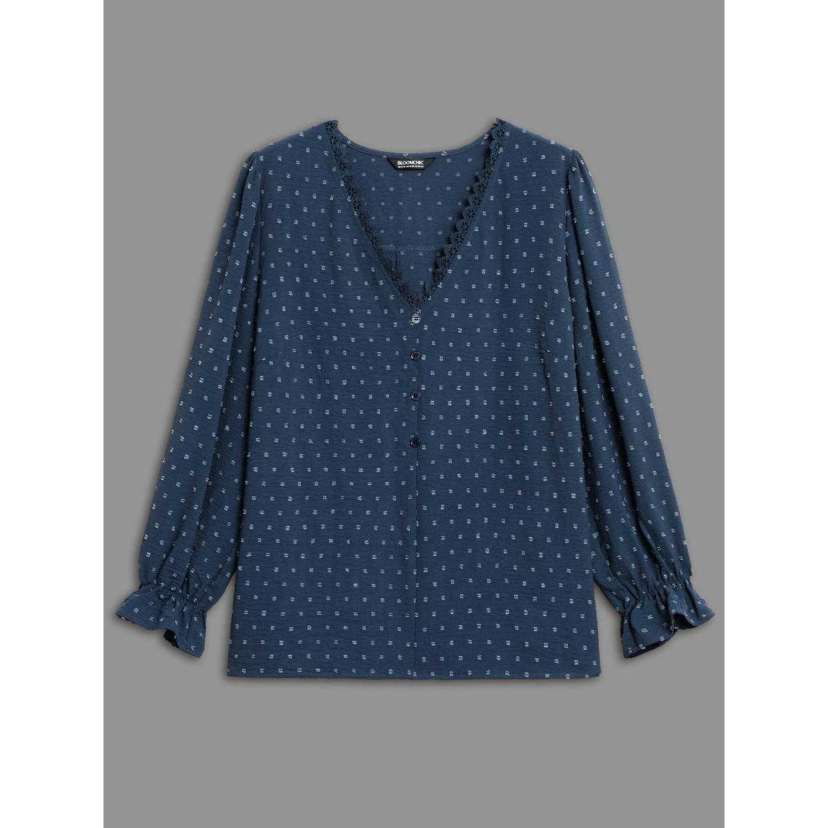 Plus Size Indigo Textured Lace Trim Patchwork Ruffles Blouse Women Timeless Long Sleeve V-neck Elegant Blouses BloomChic 18-20/2X Product Image