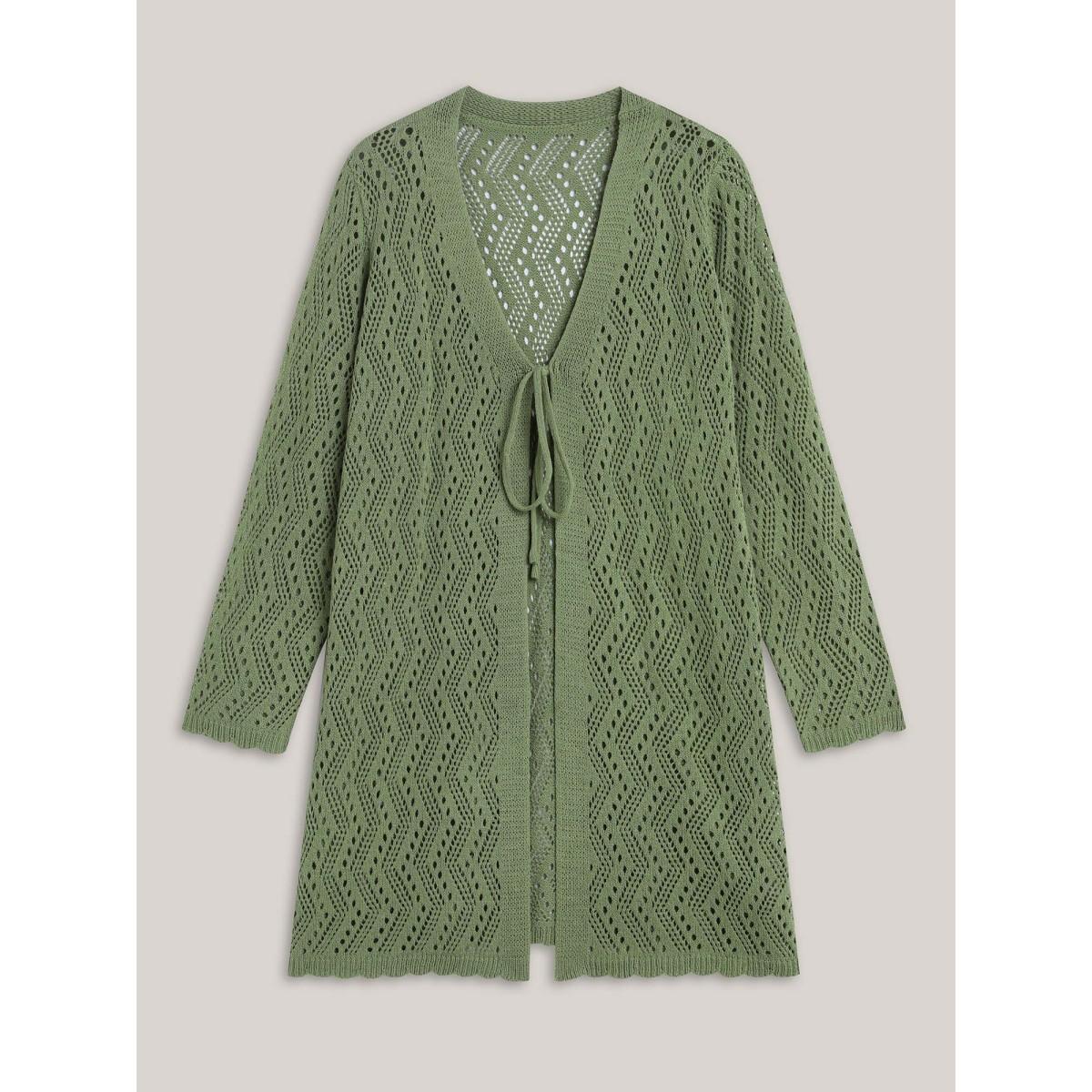 Plus Size Eyelet Trim Front Mid Tie Knit Cardigan Moss Women Casual Loose Long Sleeve Everyday-Casual Cardigans BloomChic 12/L Product Image